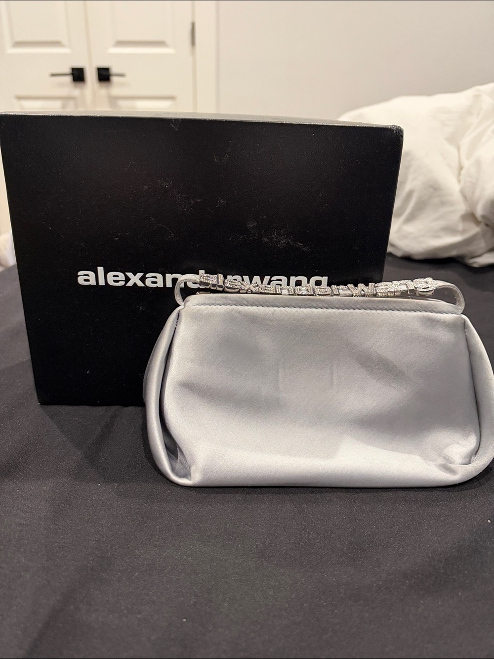 Alexander Wang Silver Satin Mini Clutch with Crystal Logo Handle